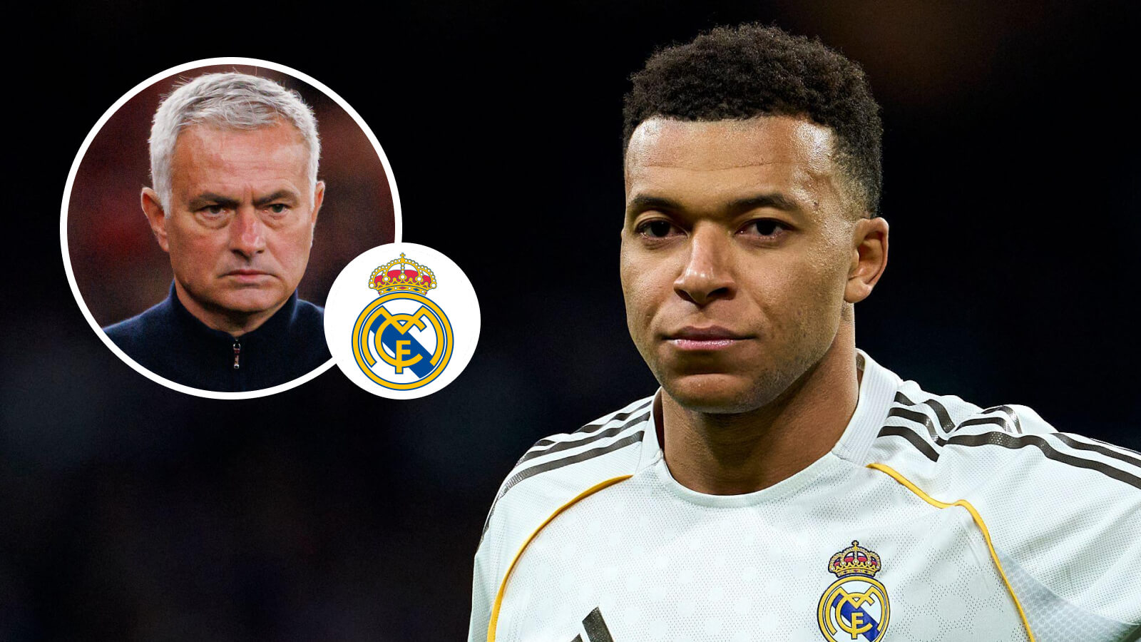 Jose Mourinho, Real Madrid badge and Kylian Mbappe - copyright TEAMtalk