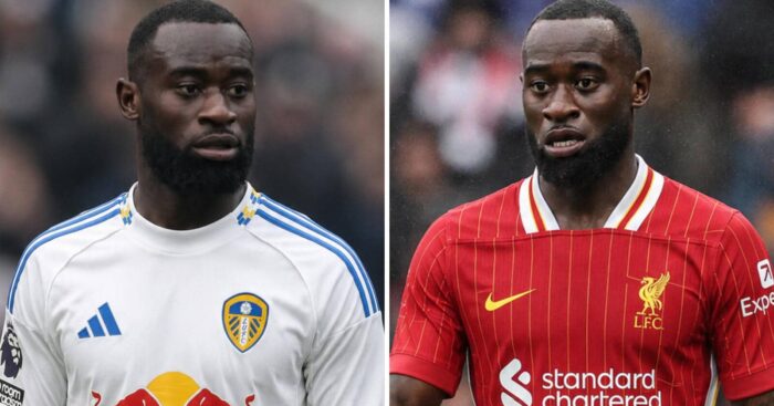 RB Leipzig defender Lutsharel Geertruida with a Leeds United and a Liverpool shirt Photoshopped on him