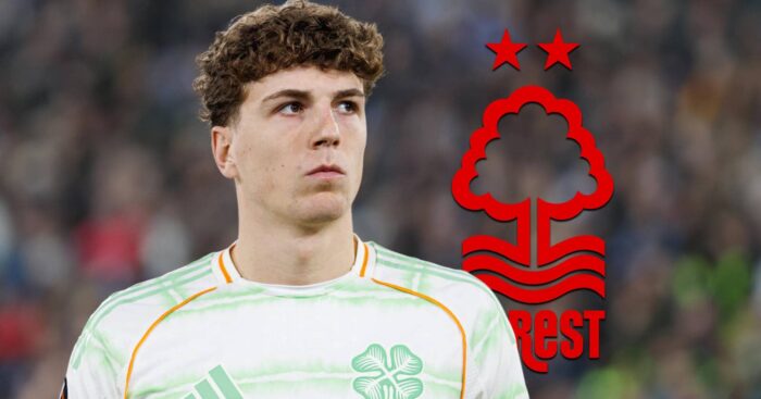 Celtic star Arne Engels with a Nottingham Forest badge