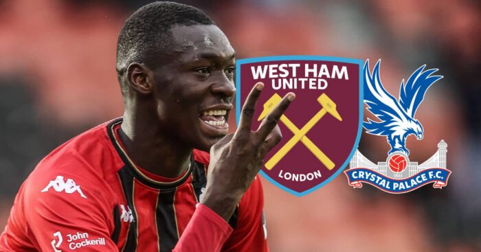 FC Metz striker Pape Moussa Fall next to the badges of West Ham and Crystal Palace