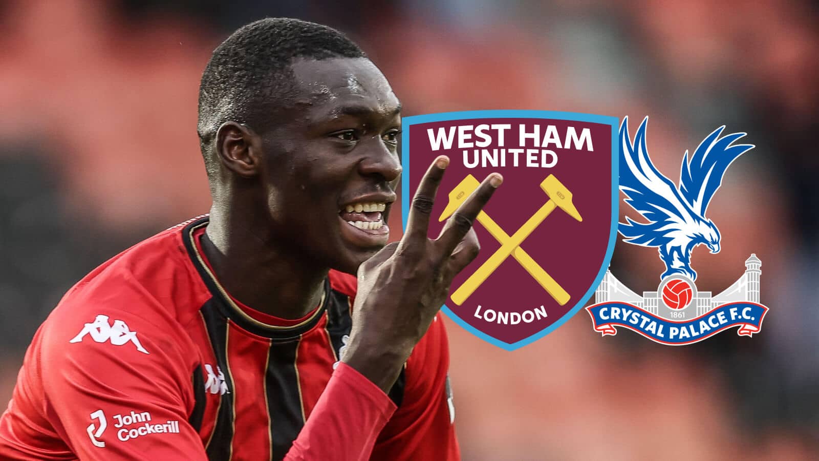 FC Metz striker Pape Moussa Fall next to the badges of West Ham and Crystal Palace