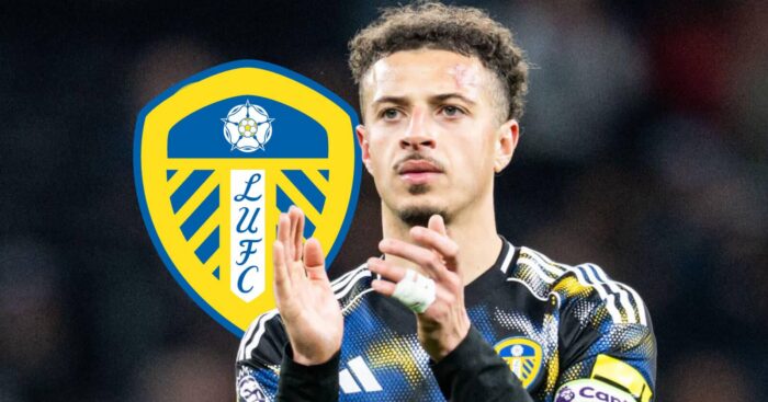 Leeds United captain Ethan Ampadu next to the Leeds United badge