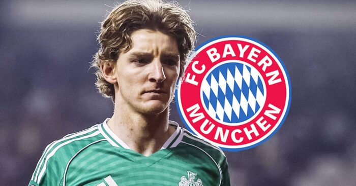 Newcastle star Anthony Gordon next to the Bayern Munich badge