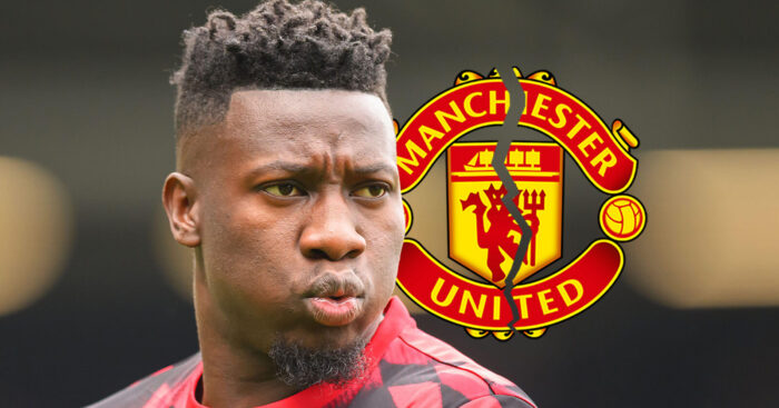 Manchester United goalkeeper Andrea Onana next to a cracked Manchester United badge - copyright TEAMtalk