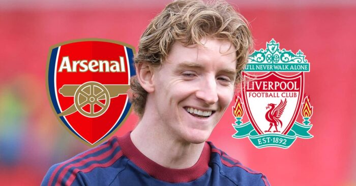 Newcastle star Anthony Gordon next to the badges of Arsenal and Liverpool