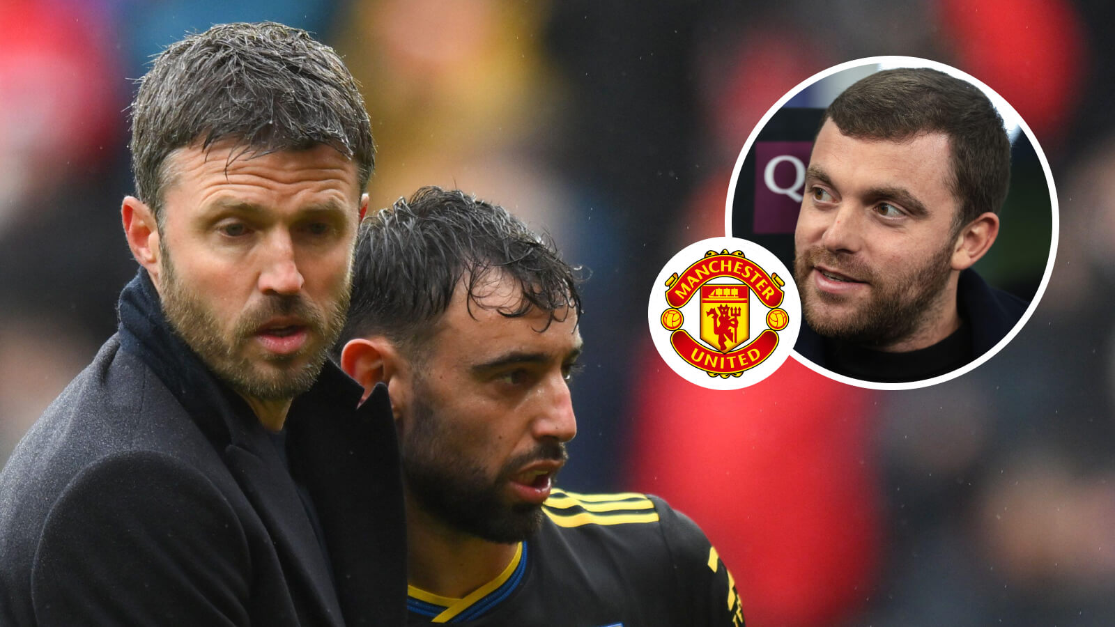 Manchester United duo Michael Carrick and Bruno Fernandes, Manchester United badge and transfer guru Fabrizio Romano - copyright TEAMtalk
