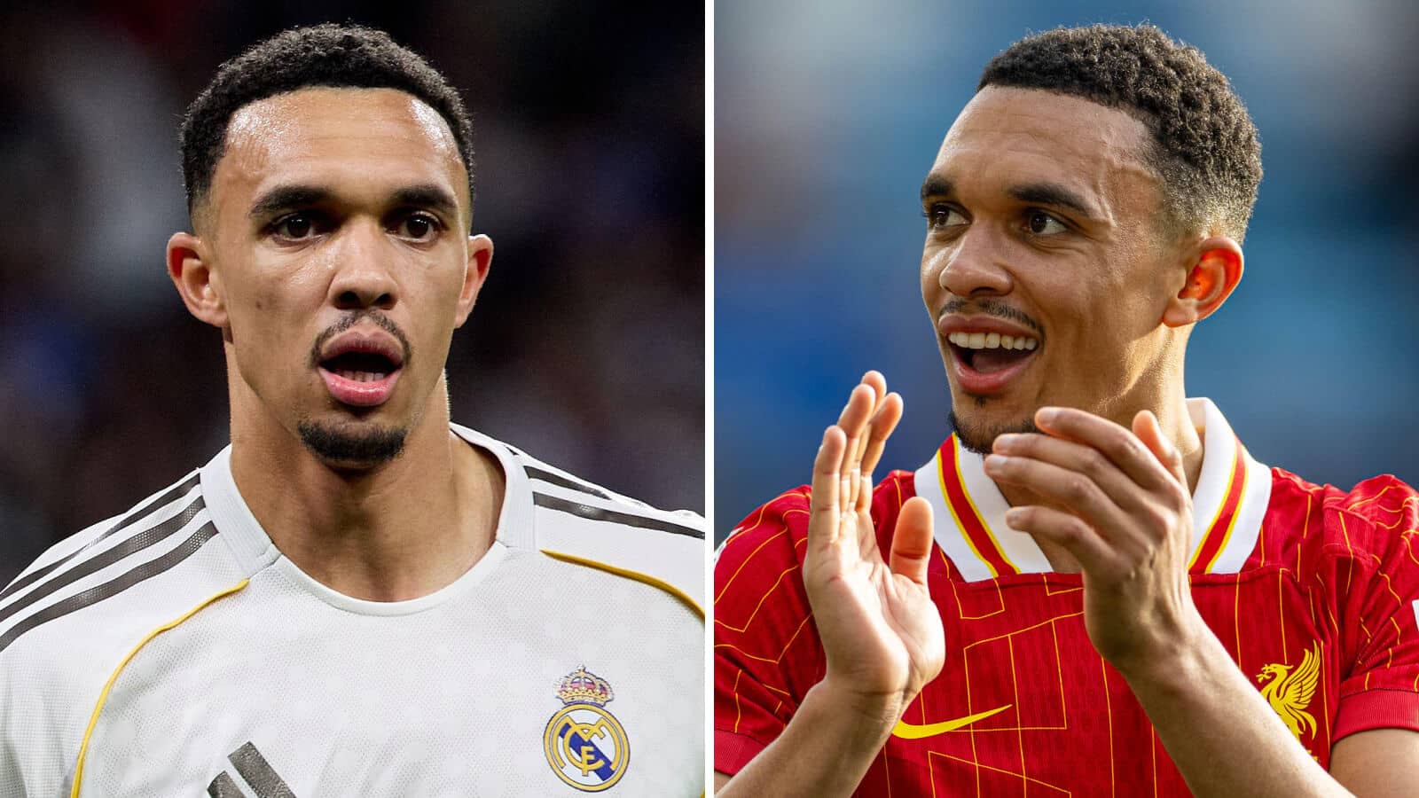 Trent Alexander-Arnold in a Real Madrid shirt next to the same player during his days at Liverpool