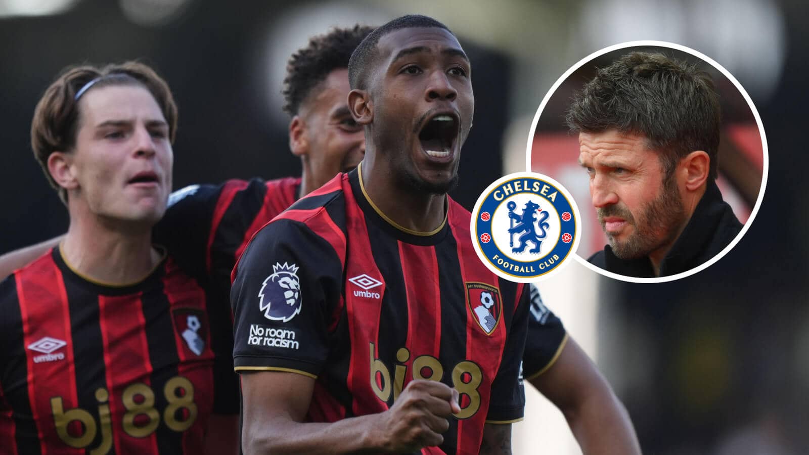 Bournemouth star Alex Scott, seen here celebrating with Rayan, is a target for Man Utd boss Michael Carrick, inset, and Chelsea