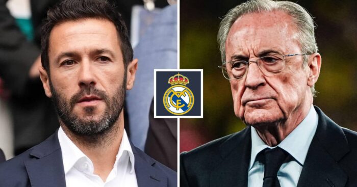Manchester City sporting director Hugo Viana alongside Real Madrid president Florentino Perez and the Real Madrid badge