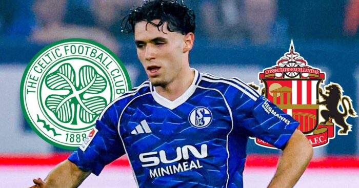 Schalke star Soufiane El-Faouzi next to the badges of Celtic and Sunderland
