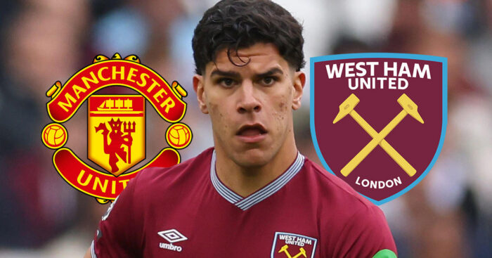 Manchester United badge, Mateus Fernandes and West Ham United badge - copyright TEAMtalk
