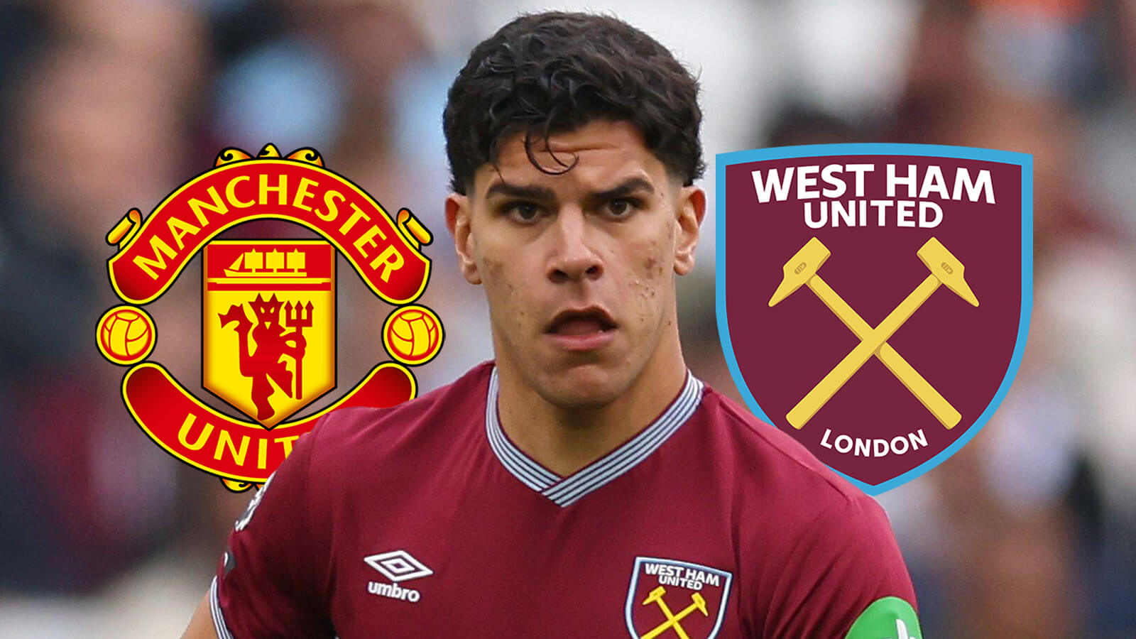 Manchester United badge, Mateus Fernandes and West Ham United badge - copyright TEAMtalk