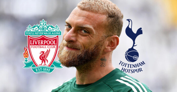 Liverpool badge, Juventus goalkeeper Michele Di Gregorio and Tottenham Hotspur badge - copyright TEAMtalk