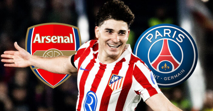 Arsenal badge, Atletico Madrid striker Julian Alvarez and PSG badge - copyright F365