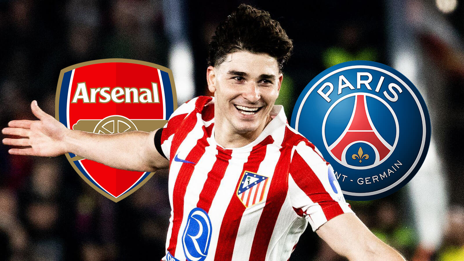 Arsenal badge, Atletico Madrid striker Julian Alvarez and PSG badge - copyright F365