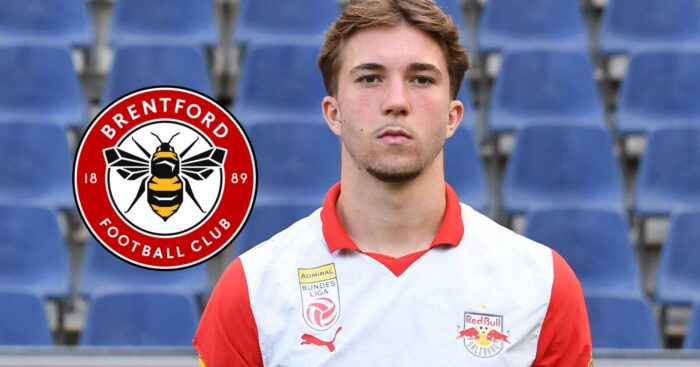 RB Salzburg star Jannik Schuster, with a Brentford badge