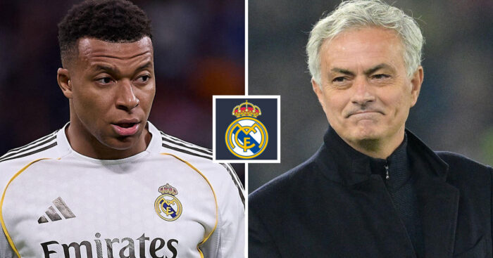 Split image of Real Madrid striker Kylian Mbappe and Benfica manager Jose Mourinho with the Real Madrid badge in between - copyright TEAMtalk