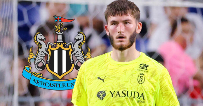Newcastle United badge and Reims goalkeeper Ewen Jaouen - copyright TEAMtalk