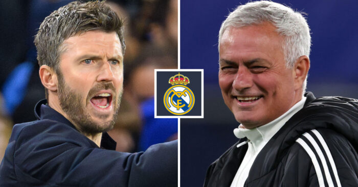 Split image of Manchester United interim manager Michael Carrick and Real Madrid-bound Jose Mourinho with the Real Madrid badge in between - copyright TEAMtalk
