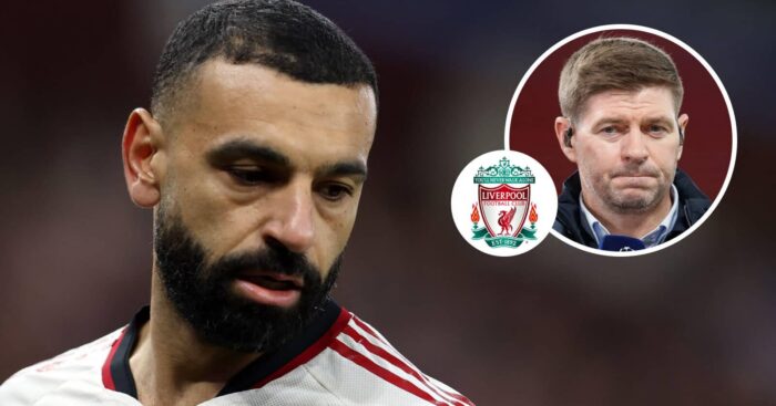 Departing Liverpool superstar Mohamed Salah and, inset, another club legend in Steven Gerradcnext to the club badge