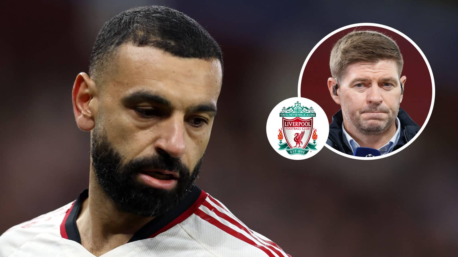 Departing Liverpool superstar Mohamed Salah and, inset, another club legend in Steven Gerradcnext to the club badge
