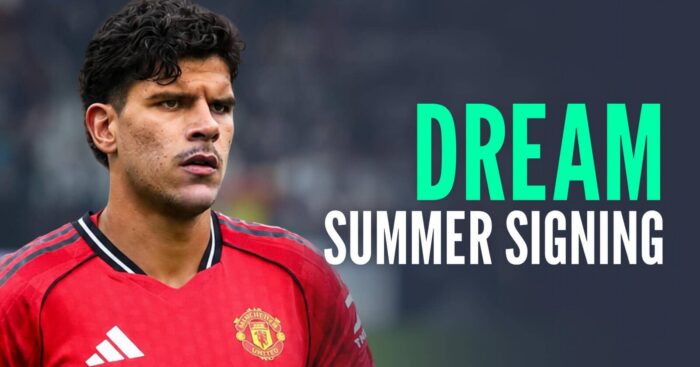 West Ham star Mateus Fernandes with a Manchester United shirt Photoshopped on him and the words 'dream summer signing'