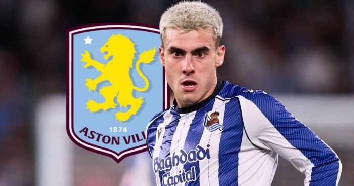 Real Sociedad winger Ander Barrenetxea next to the Aston Villa badge