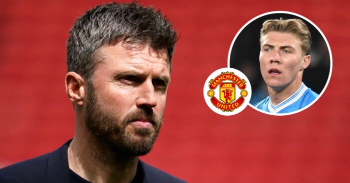 Manchester United boss Michael Carrick and, inset, the club's former striker Rasmus Hojlund next to the Manchester United badge