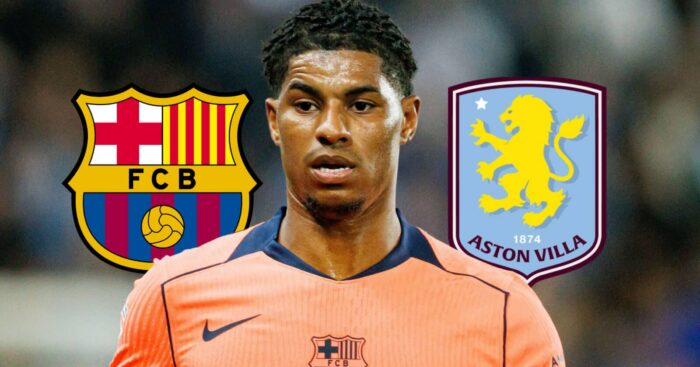 Man Utd winger Marcus Rashford, Barcelona and Aston Villa badges