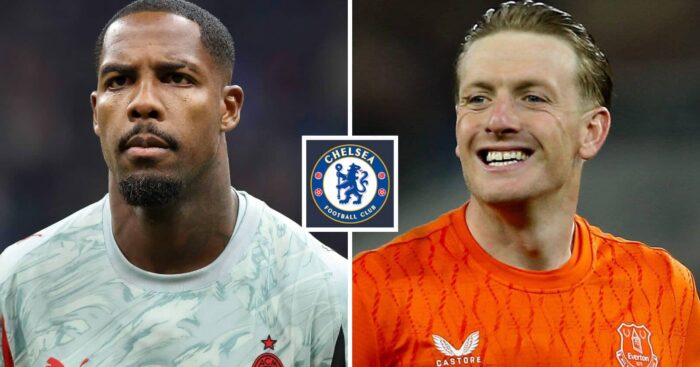 Mike Maignan and Jordan Pickford with a Chelsea badge