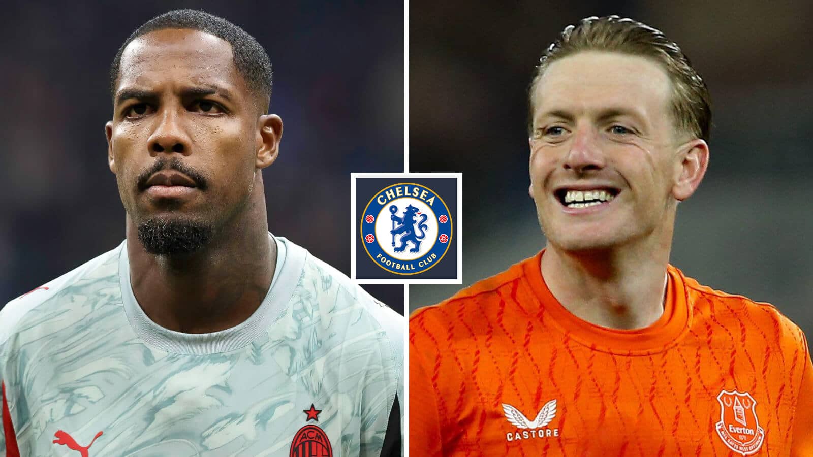 Mike Maignan and Jordan Pickford with a Chelsea badge