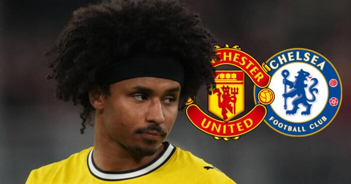 Borussia Dortmund star Karim Adeyemi with Man Utd and Chelsea badges