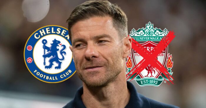 New Chelsea manaager Xabi Alonso next to the Chelsea club badge and the Liverpool badge, which has a large red cross through it