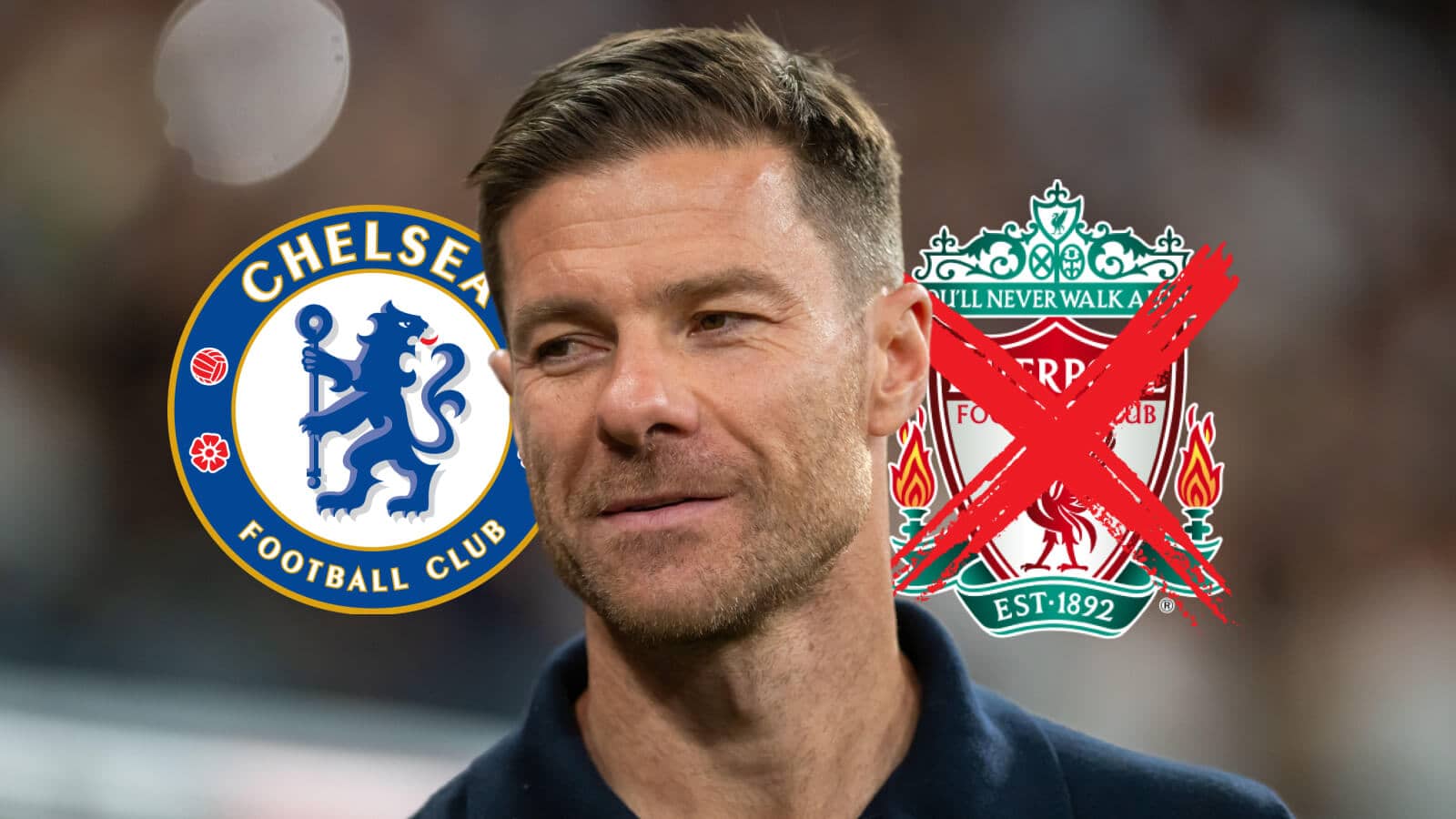 New Chelsea manaager Xabi Alonso next to the Chelsea club badge and the Liverpool badge, which has a large red cross through it