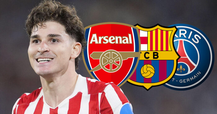 Atletico Madrid striker Julian Alvarez next to the Arsenal, Barcelona and Paris Saint-Germain badges - copyright TEAMtalk