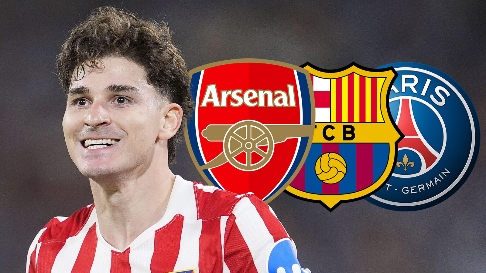 Atletico Madrid striker Julian Alvarez next to the Arsenal, Barcelona and Paris Saint-Germain badges - copyright TEAMtalk