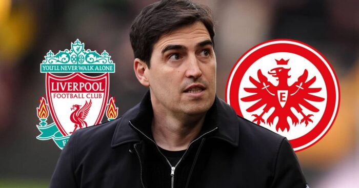 Departing Bournemouth manager Andoni Iraola next to the badges of Liverpool and Eintracht Frankfurt