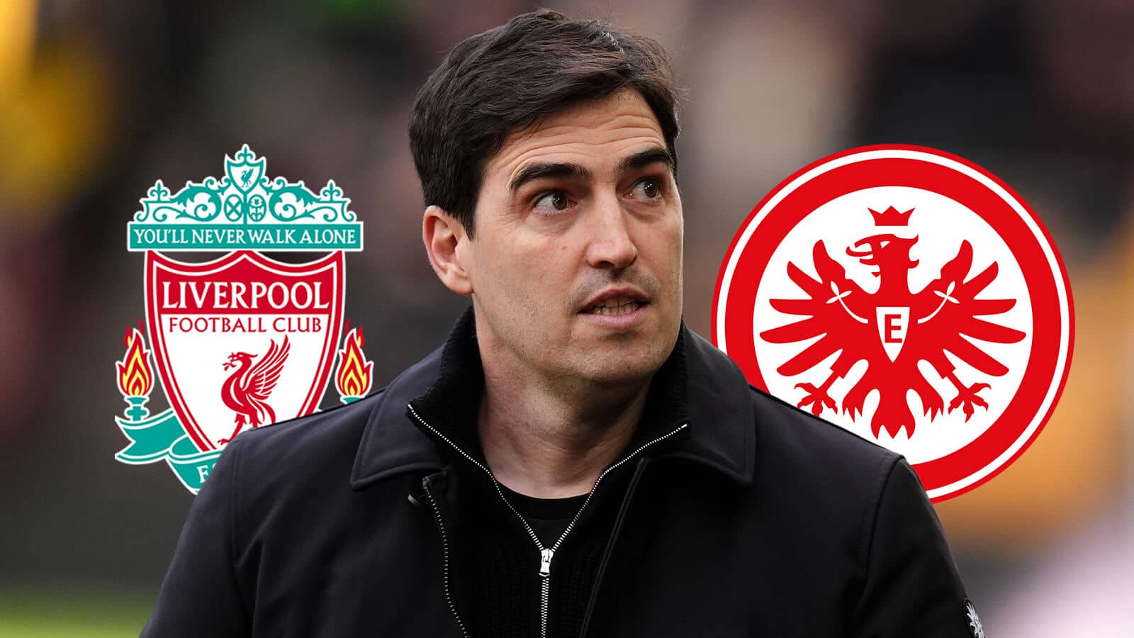 Departing Bournemouth manager Andoni Iraola next to the badges of Liverpool and Eintracht Frankfurt
