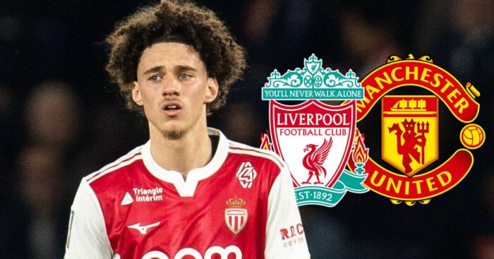 Monaco star Maghnes Akliouche with Liverpool and Man Utd badges