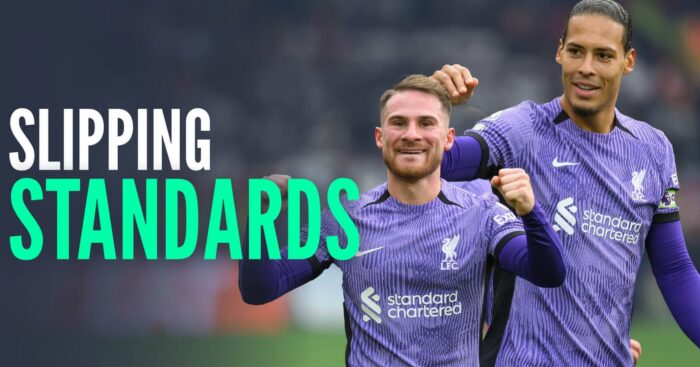 Liverpool midfielder Alexis Mac Allister, seen here with Virgil van Dijk, next to the words 'slipping standards'