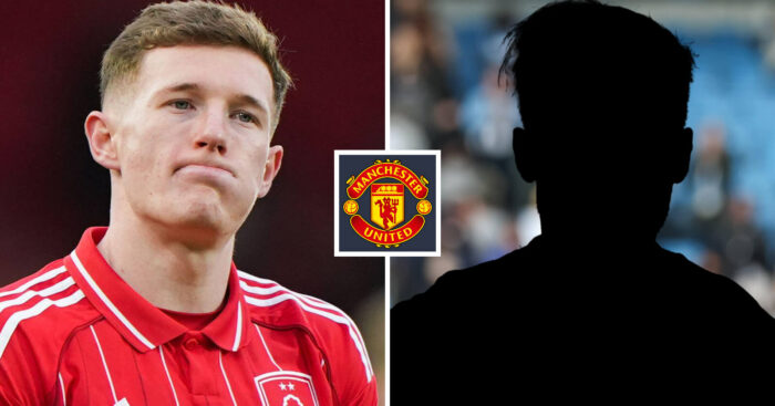 Split image of Nottingham Forest midfielder Elliot Anderson and a shadow with the Manchester United badge in between - copyright TEAMtalk