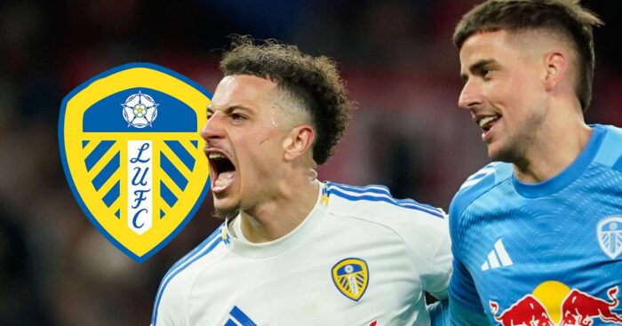 Ethan Ampadu and Karl Darlow next to the Leeds United badge