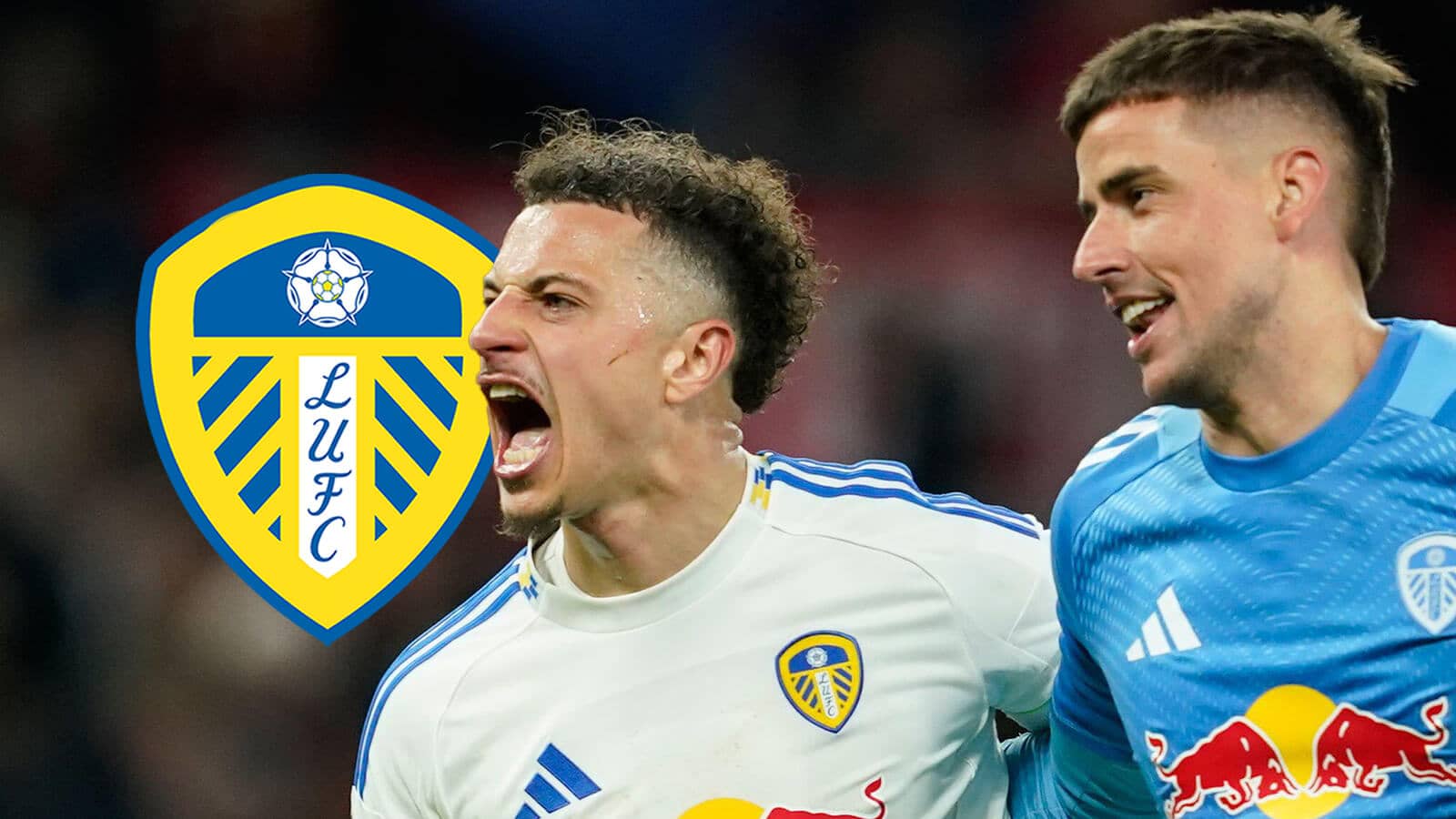Ethan Ampadu and Karl Darlow next to the Leeds United badge