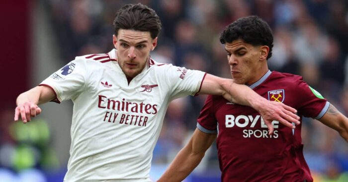 Arsenal midfielder Declan Rice, West Ham midfielder Mateus Fernandes