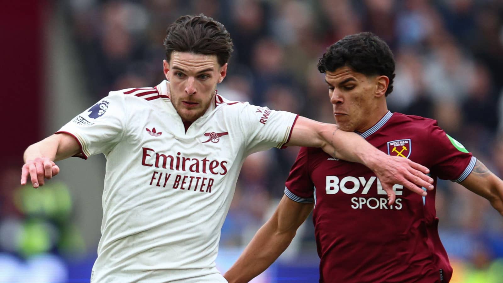 Arsenal midfielder Declan Rice, West Ham midfielder Mateus Fernandes