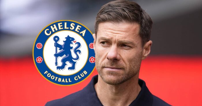 New Chelsea manager Xabi Alonso next to the Chelsea badge