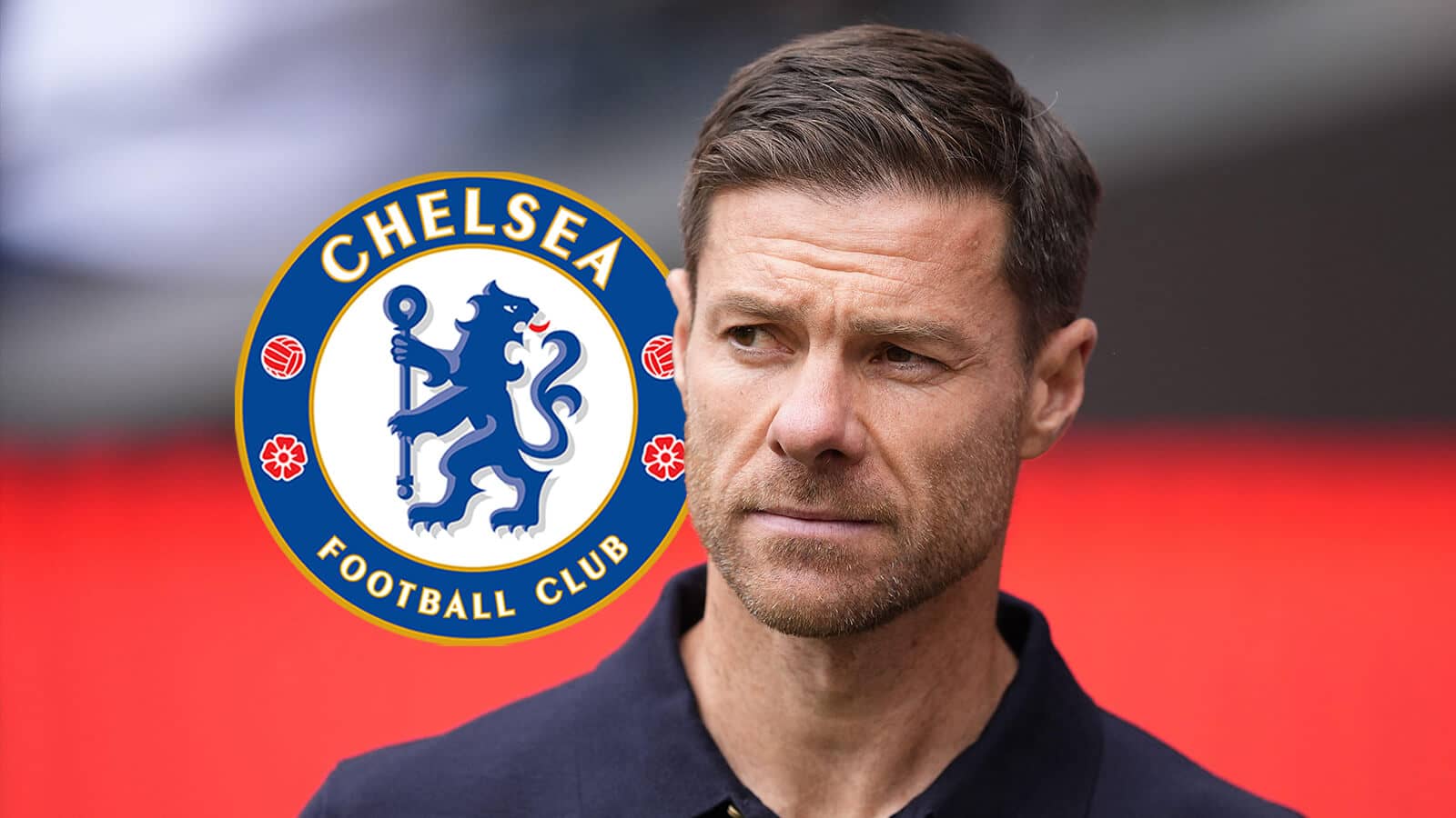 New Chelsea manager Xabi Alonso next to the Chelsea badge