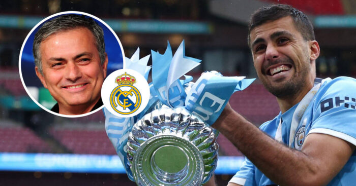 Incoming Real Madrid manager Jose Mourinho, Real Madrid badge and Manchester City midfielder Rodri - copyright TEAMtalk