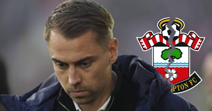 Southampton manager Tonda Eckert next to a cracked Southampton FC badge