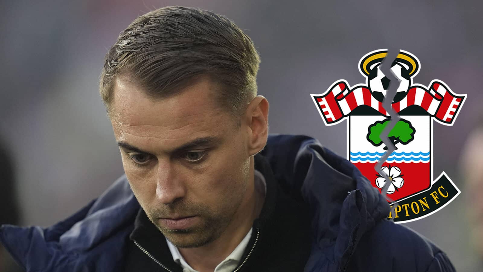 Southampton manager Tonda Eckert next to a cracked Southampton FC badge